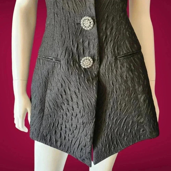 Vintage 80s Embossed Black Satin Halter Top / Mini Dress M - Picture 9 of 10